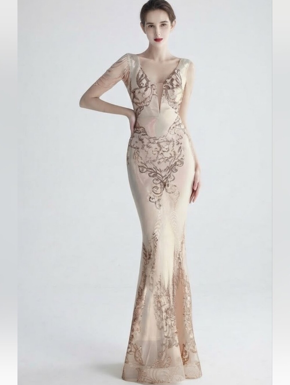 Gold, Floral,V Neck, Round Back, Sleeveless,  Beaded, Sequined,  Mermaid…